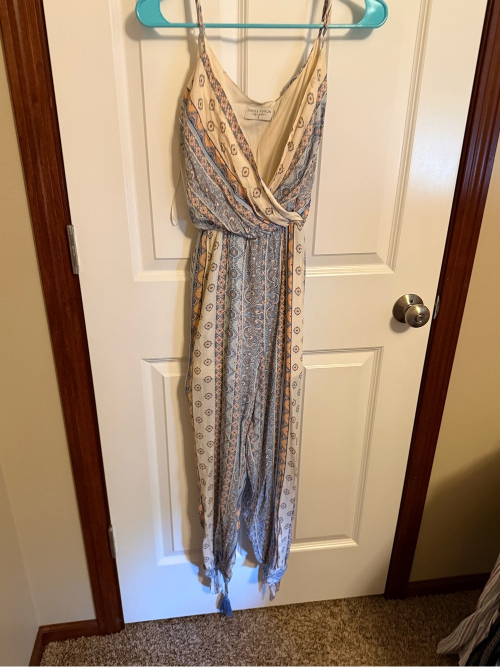Dress Forum Cream and Blue Printed Wrap Jumpsuit